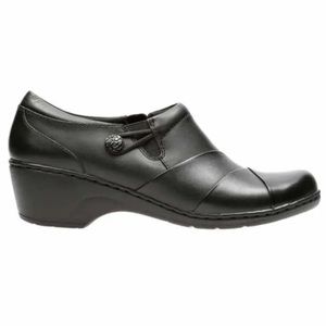 Clarks Channing Ann Slip-On Loafer Black Leather with Black Button Detail 8.5